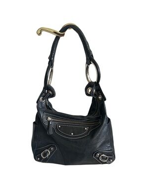 Vintage Helen Welsh Black Leather Moto Hobo Bag Y2K Ring Handle Slouchy Silver